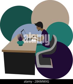 Klorvolle Illustration eines jungen Mannes, der auf abstraktem Hintergrund am Laptop sitzt Stock Vektor