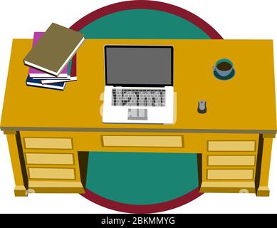 Farbenfrohe Illustration von Büro- oder Heimarbeitsplatz mit Laptop, Dokumentenmappen und einer Tasse Kaffee Stock Vektor