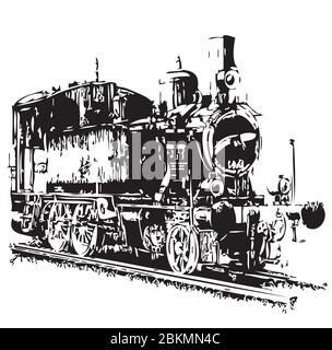 Schwarz-weiße Zeichnung der Dampflokomotive auf weißem Hintergrund Stock Vektor