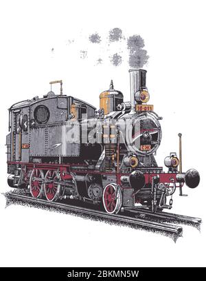 Alte Dampflokomotive, auf Schienen, gezeichnet in drei Farben schwarz, rot und ocker Stock Vektor