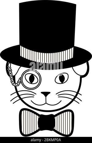 Lustige Illustration von elegant lächelnden Katze mit Monocle in den Zylinder und Bowtie Stock Vektor