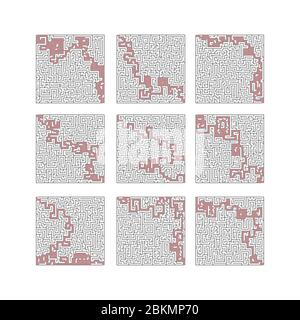 Labyrinth Labyrinth-Spiel großen Satz. Sammlung von vier Puzzles mit Lösung isoliert auf weißem Hintergrund. Finden Sie den richtigen Weg. Vektorgrafik. Stock Vektor