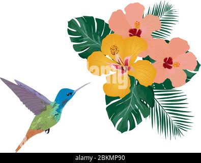 vektor-Illustration eines tropischen Hintergrunds. Kolibri, tropische Blumen, Palmenblätter. Wandtattoo, Einrichtung Idee. Stock Vektor