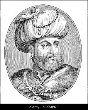 Kara Mustafa Pascha, 1634/35. - 25. Dezember 1683, war unter der Herrschaft von Sultan Mehmed IV. Großwesir des Osmanischen Reiches und Kommandant in der Zweiten Belagerung von Wien zu Beginn des Großen Türkenkrieges. / Kara Mustafa Pascha, 1634/35 - 25. Dezember 1683, war unter der Herrschaft des Sultans Mehmed IV. Großwesir des Osmanischen Reichs und Oberfehlshabers bei der Zweiten Belagerung Wiens zu Beginn des Großen Türkenkrieges, Historisch, historisch, digital verbesserte Reproduktion eines Originals aus dem 19. Jahrhundert / Digitale Reproduktion einer Originalvorlage aus dem 19. Jahrhundert, Stockfoto