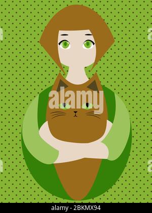 Niedlich und gemütlich Illustration mit Mädchen umarmt eine Ingwer-Katze mit grünen Augen Stock Vektor