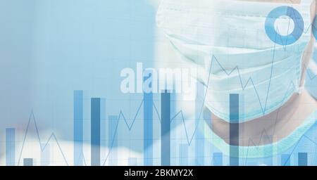 Digitale Illustration eines Arztes, der eine Gesichtsmaske trägt Datenverarbeitung und Statistiken werden angezeigt Stockfoto