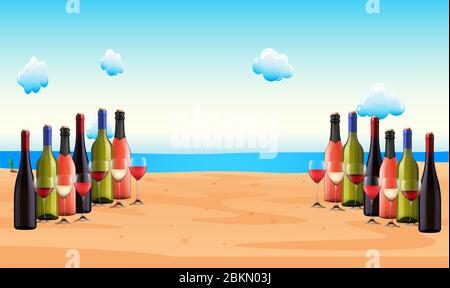 Sammlung von Weinflasche mit Gläsern am Strand für Party Stock Vektor