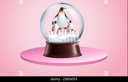 Kunst der Pinguinfamilie im Schnee mit Geschenken in einer Glaskugel Stock Vektor