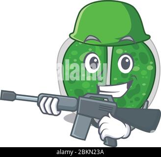 Ein Cartoon-Bild von Chrookokken Bakterien im Army-Stil mit Maschinengewehr Stock Vektor