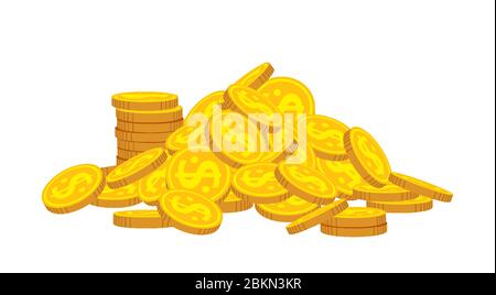 Berg von Goldmünzen flach Cartoon. Goldene Münzen Haufen Haufen, Bank Währung leuchtenden Zeichen. Stapelt Geld für Spiele, Apps. Hohe Stacks, finanzielles Wachstum. Hunderte Geldhaufen. Isolierte Vektordarstellung Stock Vektor