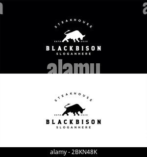 Bison Bull Buffalo Angus Silhouette Steak House Vintage Retro Logo Design Illustration Stockfoto