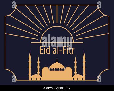 Eid al-Fitr muslimischer Feiertag. Grußkarte im Art-Deco-Stil mit Moschee und Sonne im Rahmen, lineare Kunst in goldener Farbe. Eid Mubarak. V Stock Vektor
