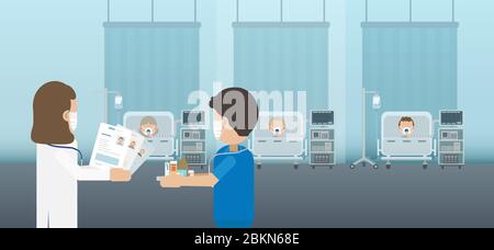 Medizinische Mitarbeiter mit Gruppe von kritischen Patienten flache Design Vektor-Illustration Stock Vektor