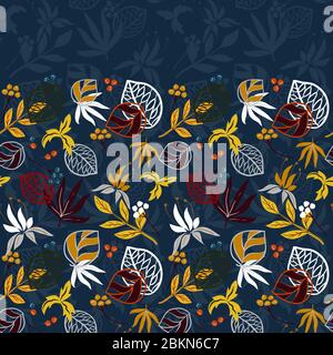 Vektor Blau Hand zeichnen Pflanzen Horizontal Nahtloses Muster Ornament Hintergrundtextur Stock Vektor