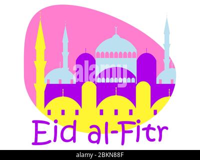 Eid al-Fitr muslimischer Feiertag. Bunte Grußkarte mit Moschee und Minarett. Eid Mubarak. Vektorgrafik Stock Vektor