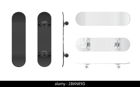 Skateboard-Vorlage. Realistisches schwarz-weißes Skateboard Mockup. Vektorgrafik isoliert auf weißem Hintergrund Stock Vektor