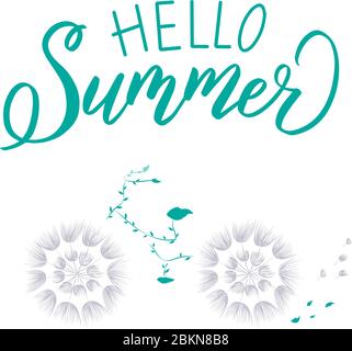 Fahrrad aus Löwenzahn Blumen mit der Aufschrift Hello summer. Beschriftung. Zur Gestaltung von Postkarten, Grußkarten und Urlaubsillustrationen, Notizbuch Stock Vektor