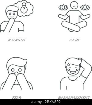 Lineare Symbole für mentales Wohlbefinden gesetzt. Glück, Achtsamkeit ...