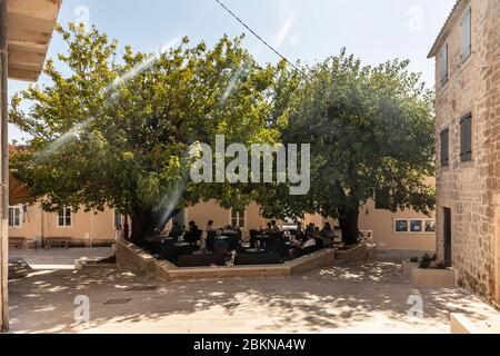 Bol, Kroatien 1. Oktober 2019. Eine Terrasse mit Menschen auf einem Platz unter den Bäumen sitzen und Schatten an einem sonnigen Tag im Spätsommer in Brac, D Stockfoto