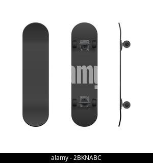 Skateboard-Vorlage. Realistisches schwarzes Skateboard Mockup. Vektorgrafik isoliert auf weißem Hintergrund Stock Vektor