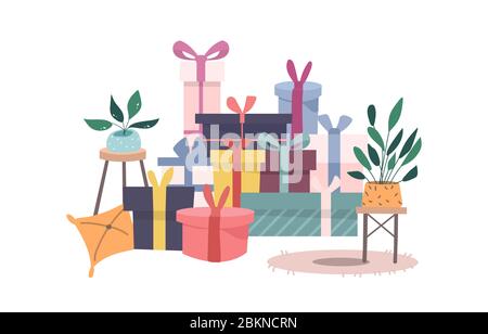 Großer Raum voller geschlossener, farbenfroher Geschenke und Geschenkboxen, die mit Bändern umwickelt und wie ein Berg im farbigen flachen Vektorstil auf dem Boden liegen. Stock Vektor