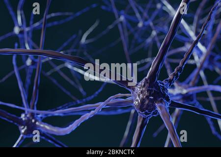 Abstrakte Hirnneuronzellen mit Verbindungsknoten. Synapse und Neuronzellen senden elektrische chemische Signale. Miteinander verbundene Neuronen mit elektrischen Stockfoto