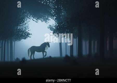 Künstlerisch mystisches Pferd in der Fantasie dunkle Fee Wald Landschaft. Abstraktes Einhorn im magischen Wald. 3D-Darstellung Stockfoto