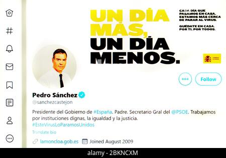 Twitter-Seite (Mai 2020) : Pedro Sanchez, spanischer Premierminister Stockfoto