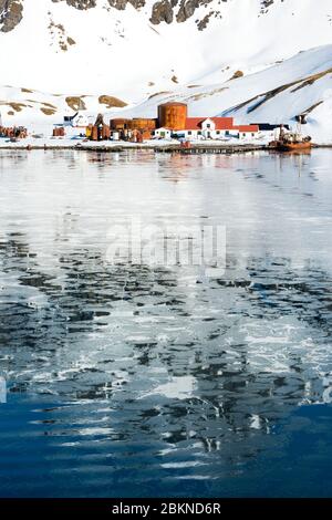 Ehemalige Walfangstation Grytviken, King Edward Cove, Südgeorgien, Südgeorgien und die Sandwichinseln, Antarktis Stockfoto