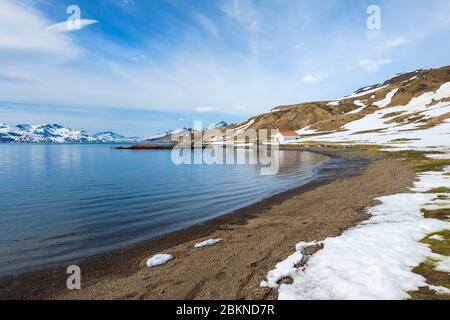 King Edward Beach Cove unter Schnee, ehemalige Walfangstation Grytviken, Südgeorgien, Südgeorgien und die Sandwichinseln, Antarktis Stockfoto