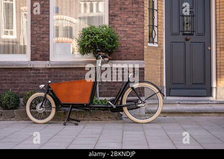 Typisch holländisches Fahrrad vor einem Haus geparkt. Moderne städtische Eltern nutzen diese Trägerräder, um ihre Kinder oder Lebensmittel zu transportieren Stockfoto