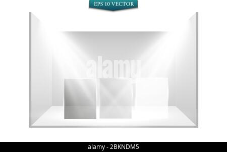 Rundes Podium, Podest oder Plattform, das von Scheinwerfern auf weißem Hintergrund beleuchtet wird. Plattform für Design. Realistisches 3D-Podium leer. Bühne mit szenischem Stock Vektor