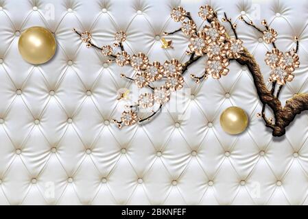 3d Wandbild Blumen Hintergrund mit Hirsch und Kreis Tapete für Wände. Mit goldenen Baumblumen und Schmuck Hintergrund. Stockfoto