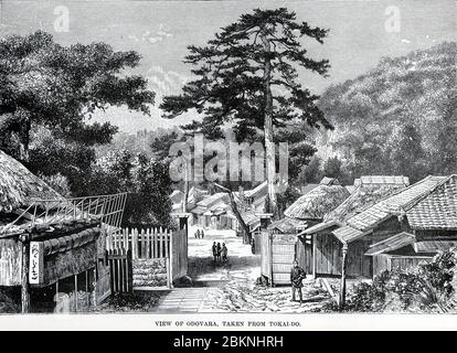 [ 1890er Jahre Japan - Kanagawa auf dem Tokaido Highway ] - Gravur aus dem Ende des 19. Jahrhunderts zeigt ein Tor am Dorf Kanagawa auf der Tokaido Autobahn. Dieses Bild basiert auf einem Foto von Kanagawa des italienisch-britischen Fotografen Felice Beato. Interessanterweise beschreibt der Stich den Ort fälschlicherweise als Odawara. Ursprünglich veröffentlicht in 'die Erde und ihre Bewohner', in 1895 (Meiji 28). Vintage-Buchgravur aus dem 19. Jahrhundert. Stockfoto