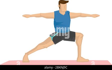 Illustration eines starken Mannes, der Yoga mit einer Kriegerhaltung praktiziert. Konzept der Ruhe und Entspannung. Vektorgrafik. Stock Vektor