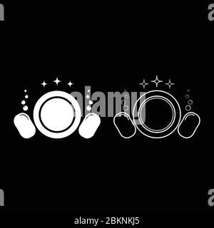 Spülkonzept Spülgeschirr Teller Waschlappen Schwamm Blasen saubere Küche Idee Symbol Umriss Set weiß Farbe Vektor Illustration flach Stil Stock Vektor