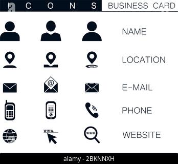 Satz moderner Vektor-Business-Symbole auf weißem Hintergrund isoliert. Symbol für Standort, Post, Telefon, Website. Clip Art für Visitenkartendesign Stock Vektor