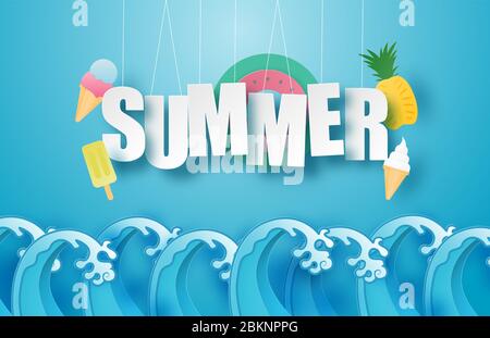 Hello Sommer Poster oder Banner mit hängenden Text, Eis, Schwimmring, Ananas über Meer Welle in Papier geschnitten Stil. Vektor Illustration digital Handwerk p Stock Vektor