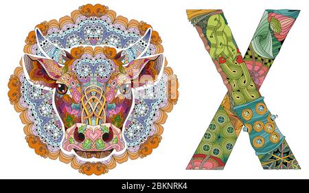 Wort OX mit Mandala und Stierkopf. Vektor zentangle Objekt für Dekoration Stock Vektor