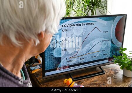 Ältere Frau beim Fernsehen mit einer Grafik, die die Todesfälle in Großbritannien im Krankenhaus, in Pflegeheimen und zu Hause zeigt. Stockfoto