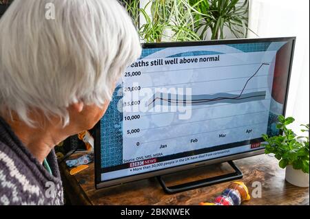 Ältere Frau beim Fernsehen mit einer Grafik, die die Todesfälle in Großbritannien über dem Normalwert zeigt. Stockfoto