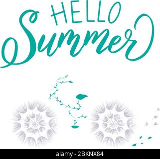 Fahrrad aus Löwenzahn Blumen mit der Aufschrift Hello summer. Beschriftung. Zur Gestaltung von Postkarten, Grußkarten und Urlaubsillustrationen, Notizbuch Stock Vektor