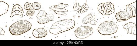 Umriss Version von frischem Brot Banner. Nahtlose Panorama-Komposition mit handgezogenem Brot. Vektor Illustration Banner Design für Bäckereigeschäfte Stock Vektor