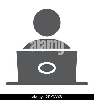 Schüler mit Laptop Glyph-Symbol, Bildung und Schule, männliche Arbeiter Zeichen Vektorgrafiken, ein solides Symbol auf weißem Hintergrund, eps 10. Stock Vektor