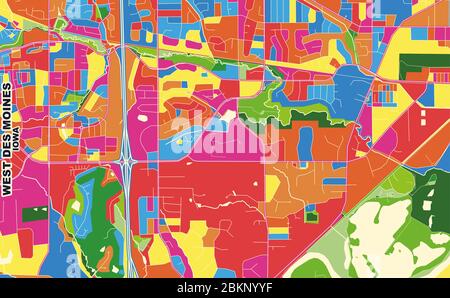 Bunte Vektorkarte von West des Moines, Iowa, USA. Art Map Vorlage für selbstdruckende Wandkunst im Querformat. Stock Vektor