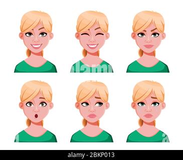 Gesichtsausdrücke der niedlichen blonden Arzt Frau. Verschiedene weibliche Emotionen, Set von sechs Posen. Schöne Dame Cartoon Charakter. Vektor-Illustration isola Stock Vektor
