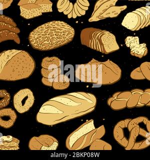 Handgezeichnete Skizze zu einer locker angeordneten Tapetenwand, an der Brot und Gebäck angeordnet sind. Farbige Vektorskizze einer Komposition mit verschiedenen europäischen und Stock Vektor