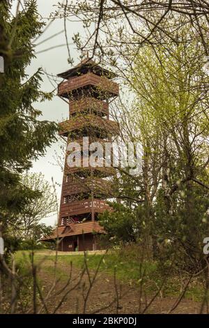 Hölzerner Aussichtsturm auf dem Gipfel eines velky javornik in den beskiden in tschechien. Stockfoto