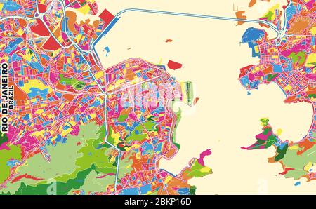 Bunte Vektorkarte von Rio de Janeiro, Brasilien. Art Map Vorlage für selbstdruckende Wandkunst im Querformat. Stock Vektor