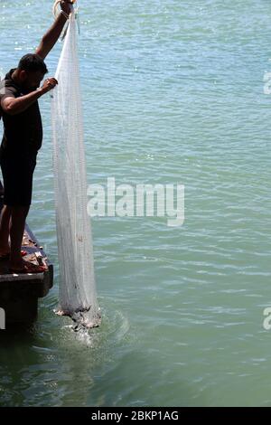 Mann gekonnt Zeichnung in einem gewichteten Hand gehalten Fischernetz. Raglan Wharf, North Island, Neuseeland. Vollformat. Stockfoto